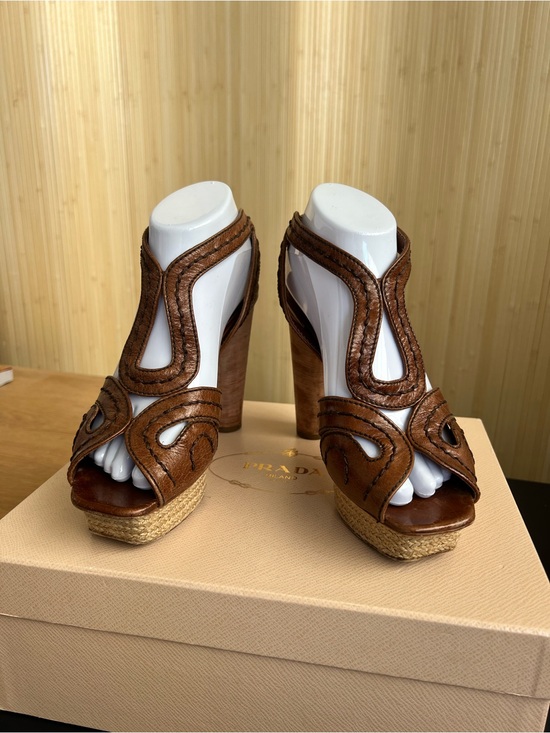 Prada Shoes - Prada Brown Leather Woven Platform Heel Sandals